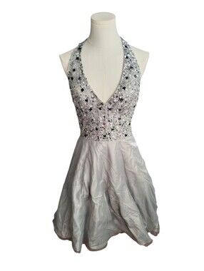 Antonio Castelli Silver Gem Sequins Tulle Skirt Ribbon Halter Prom Dress Size 4